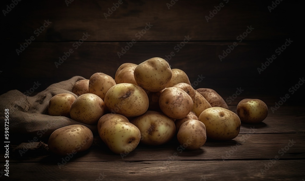 a pile of potatoes sitting on top of a wooden table. generative ai a pile of potatoes sitting on top of a wooden table. generative ai
