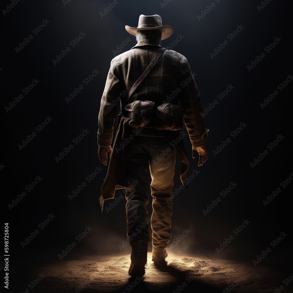 An old west cowboy walking away. Generative AI. An old west cowboy walking away. Generative AI.