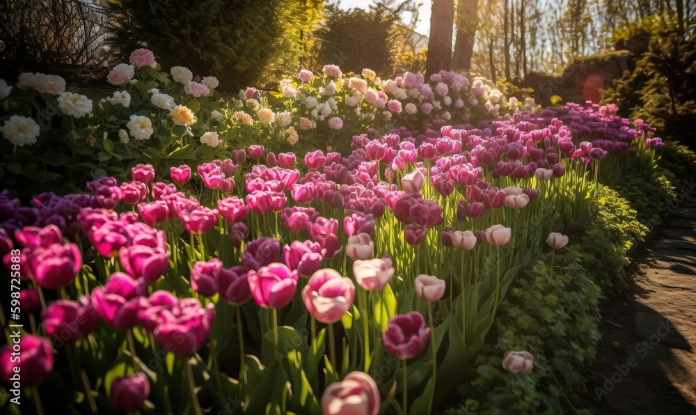 Fototapeta premium a field of pink and white tulips and other flowers. generative ai