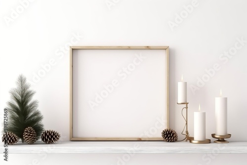 Christmas frame mockup in white interior with simple wooden decoration and plant branches. 3D rendering, illustration
