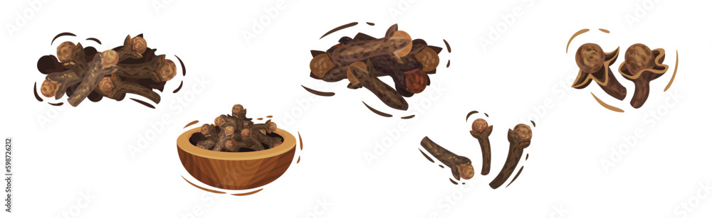 Clove Aromatic Dried Spice and Seasoning Pile in Bowl Vector Set