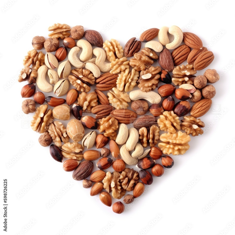 All sorts of nuts in the shape of a heart on white background. Generative AI.