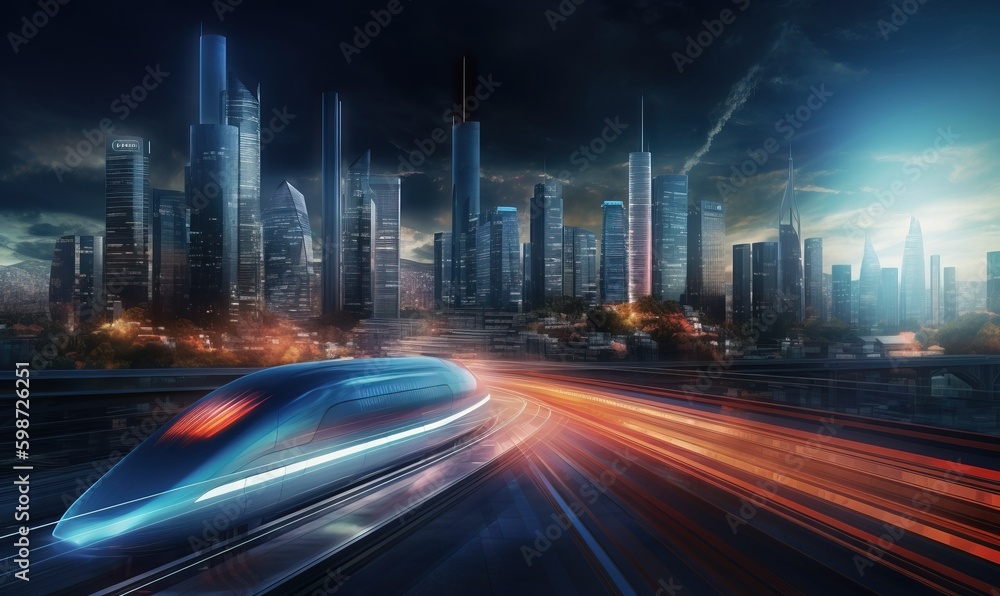 a high speed train speeding through a city with skyscrapers. generative ai a high speed train speeding through a city with skyscrapers. generative ai