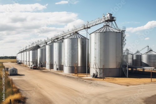Agroprocessing industrial facility - grain elevators and silos. Generative AI.