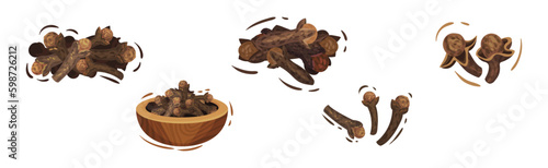 Clove Aromatic Dried Spice and Seasoning Pile in Bowl Vector Set