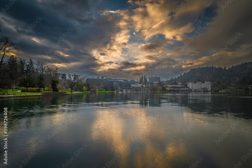 Lake in Bled town in spring morning in Slovenia