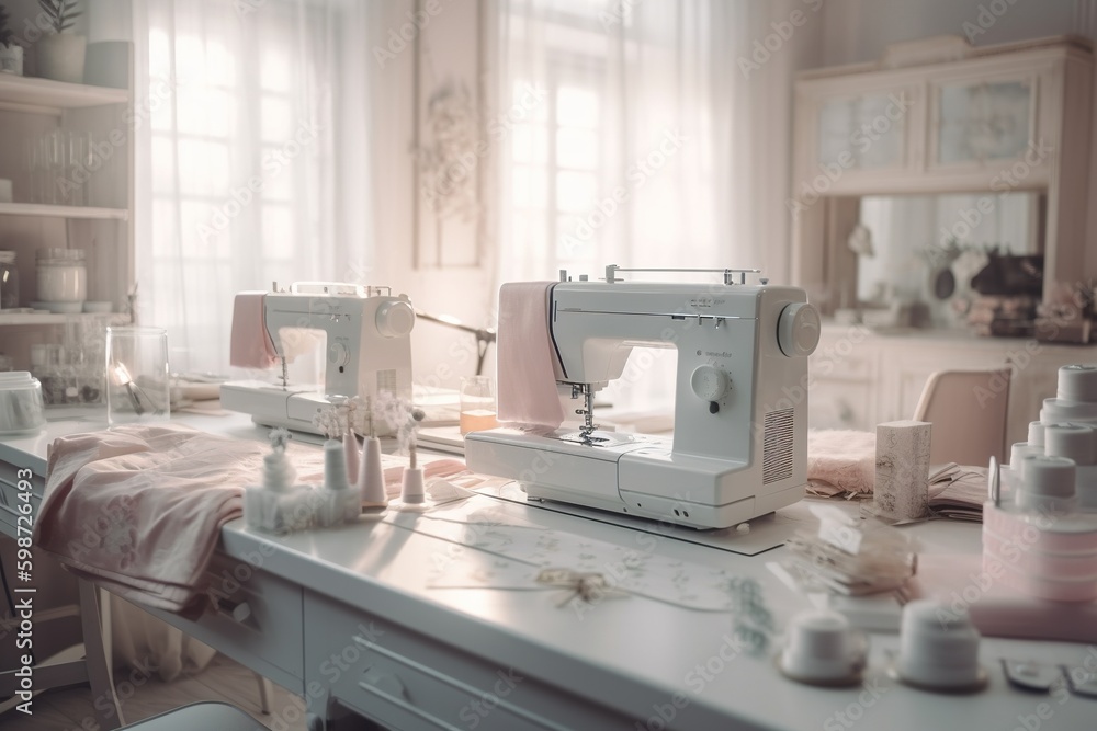 Sewing studio with fabrics and sewing machines. Generative AI.