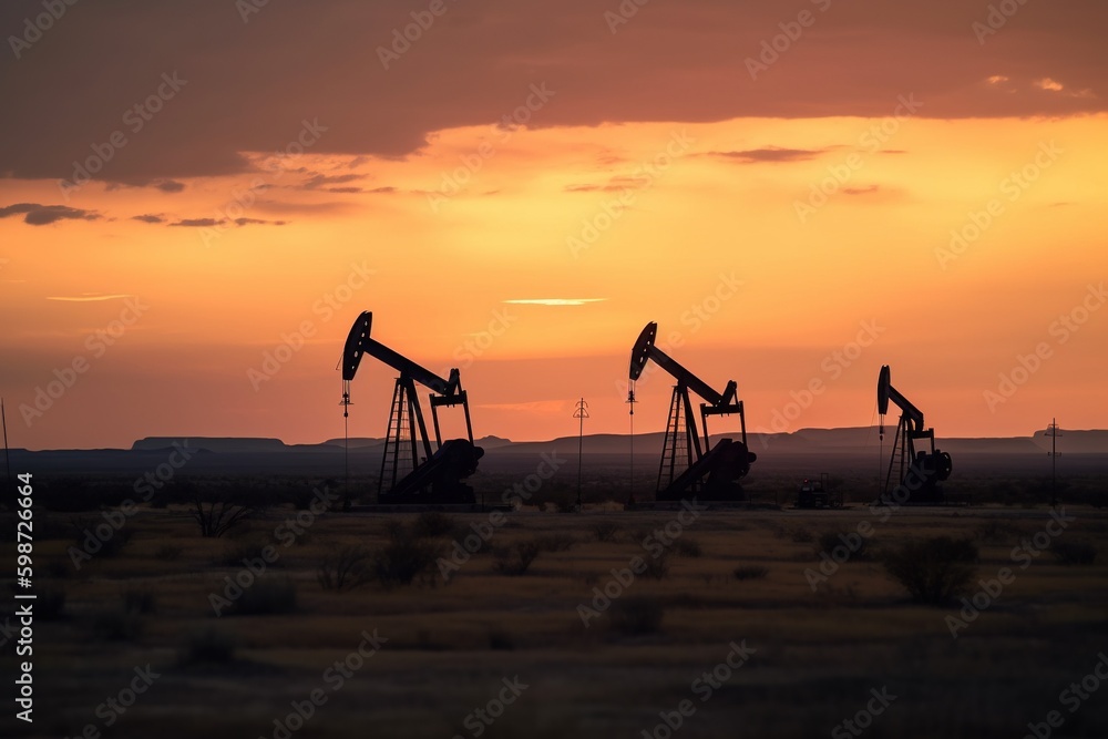 Fototapeta premium Oil field, oil wells. Generative AI.