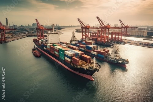 Worldwide transportation, global shipment, transport. Freight, shipping. Unloading cargo from one vessel and loading them into another to complete a journey to the final destination. Generative AI