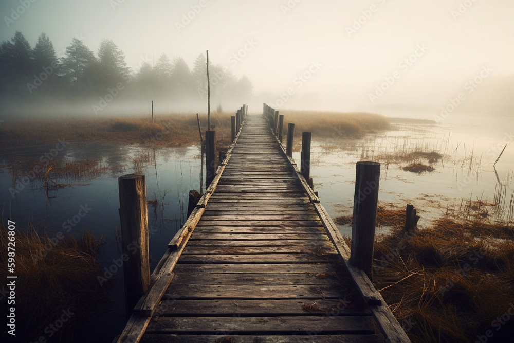Fototapeta premium An old, wooden pier stretching into a foggy lake. generative AI