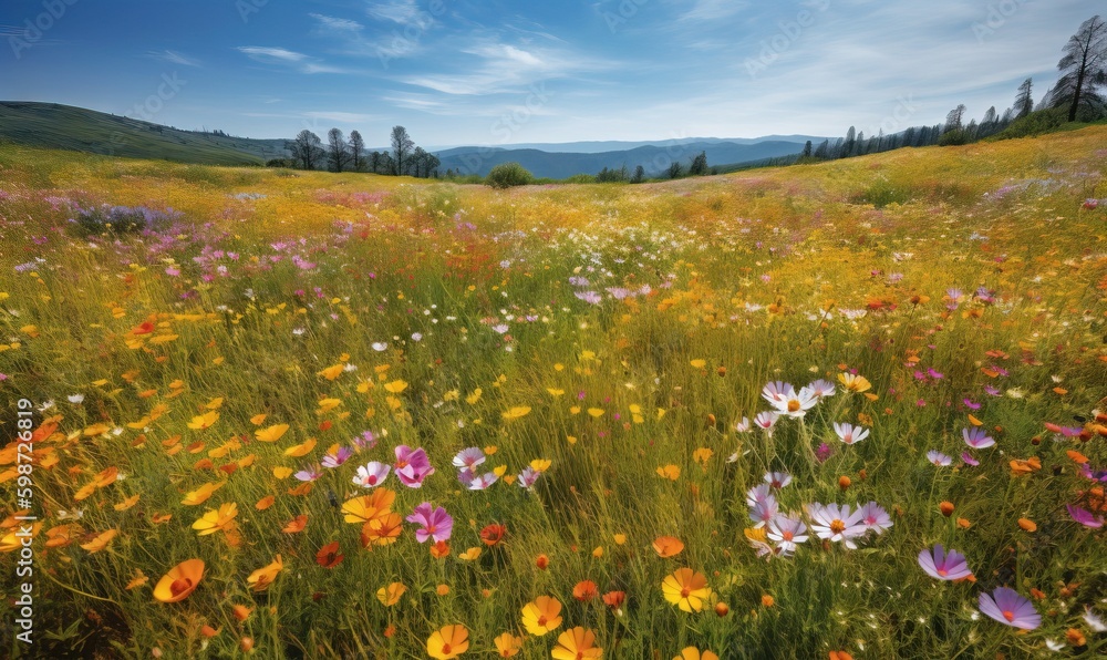  a field of wildflowers with mountains in the background.  generative ai