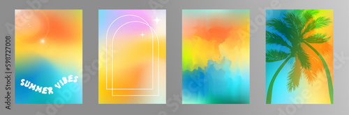 Summertime backgrounds set with palm trees, hot sun and blurry gradient. Colorful design for travel catalog, menu, card, flyer, banner. Beach party, Holi festival poster. Vector illustration.