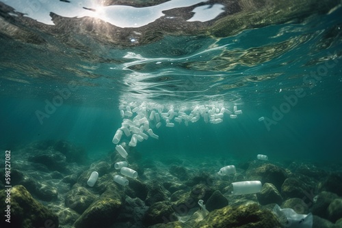 Plastic bottles diving in sea. Generative AI.