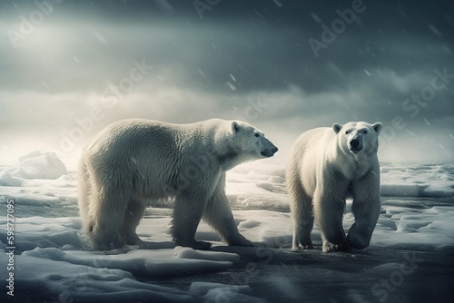 Polar bears on the ice. Generative AI. © Bargais