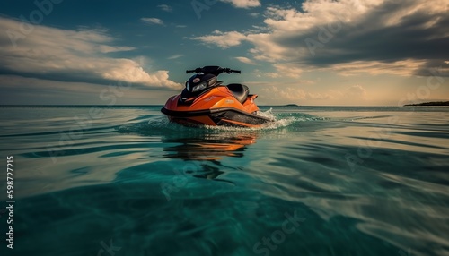 A jet ski standing still in the sea. Generative AI.