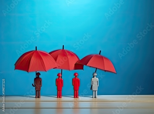 Red toy umbrella and wooden doll figures isolated on a blue background. Insurance coverage concept. created with Generative AI technology
