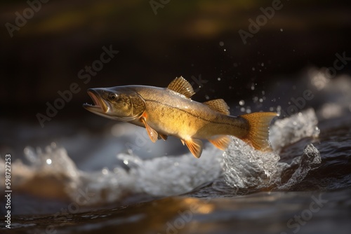 Walleye fish jumping out of river water. Generative AI.