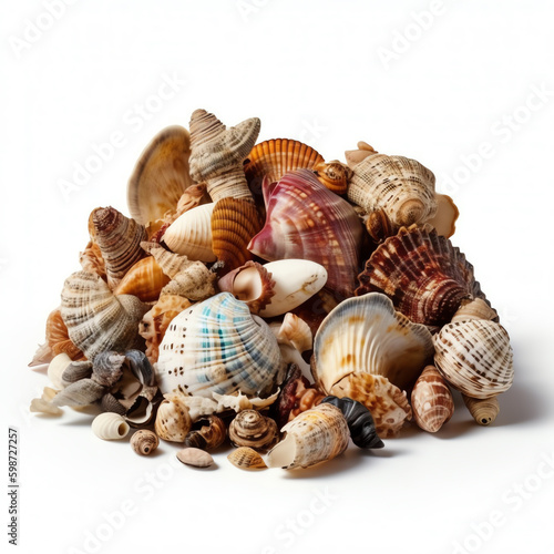 assorted beautiful seashells, isolated white object. generative AI
