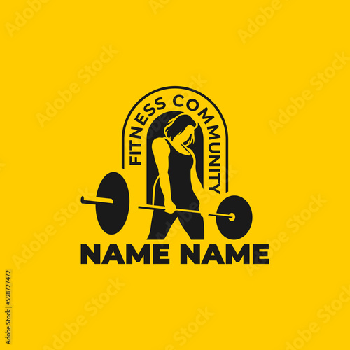 vector illustration of a woman lifting a barbell on a yellow background. used for logo design, t shirt design illustration, gym community