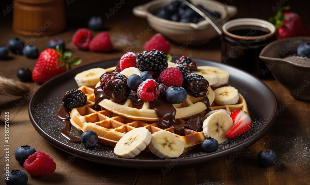  a plate of waffles topped with fruit and chocolate.  generative ai