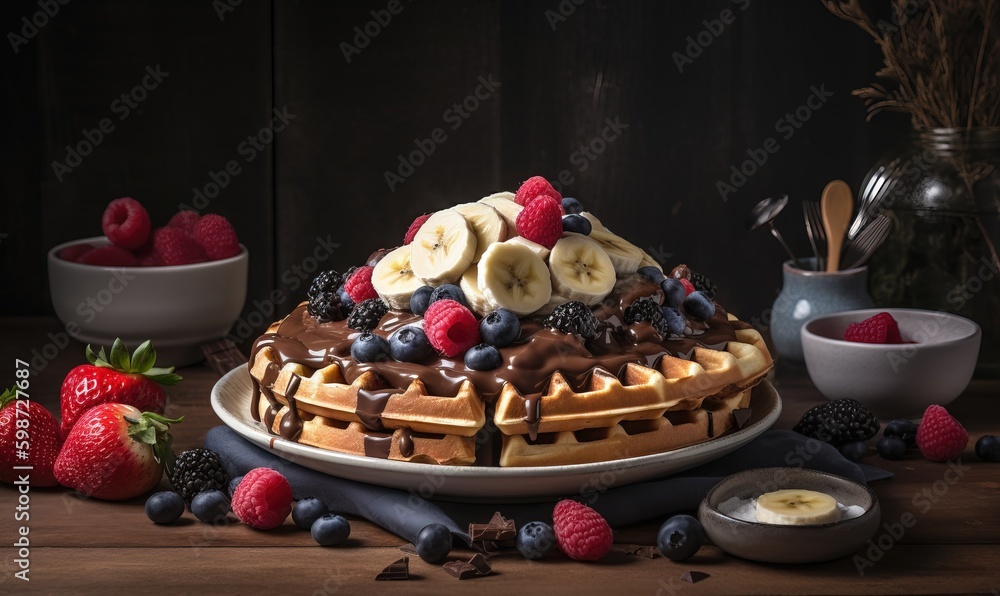 a waffle topped with bananas, raspberries, and chocolate sauce. generative ai a waffle topped with bananas, raspberries, and chocolate sauce. generative ai