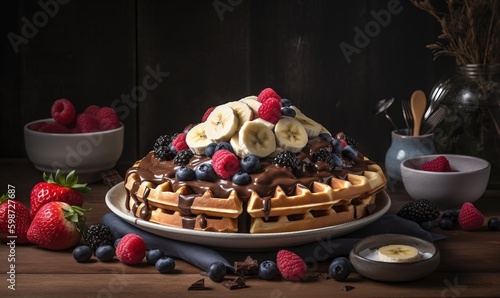  a waffle topped with bananas, raspberries, and chocolate sauce. generative ai