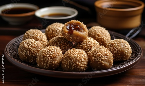  a plate of sesame seed balls with dipping sauce on the side.  generative ai