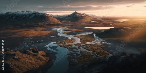 AI Generated. AI Generative. Macro shot aerial drone view of Iceland landscape scene. Cinematic adventure explore vibe. Graphic Art