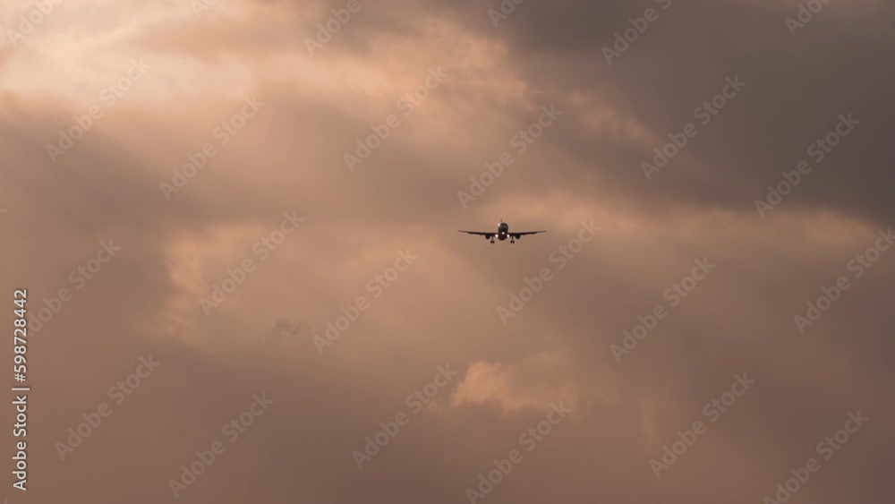 Long shot of a silhouette of a jet plane at sunset. Flight arrival. Airliner in cloudy twilight sky Generative AI Long shot of a silhouette of a jet plane at sunset. Flight arrival. Airliner in cloudy twilight sky Generative AI