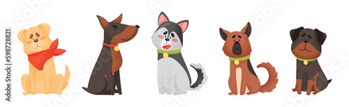 Cute Dog Puppy with Collar as Domestic Pet Vector Set