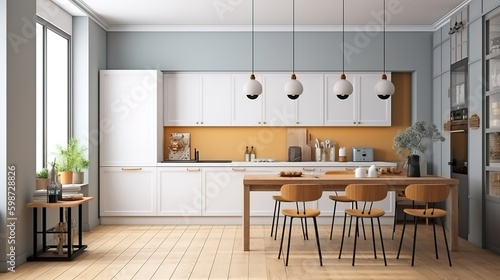 Frame mockup in Scandinavian kitchen interior  3d render  Bright color. Generative Ai
