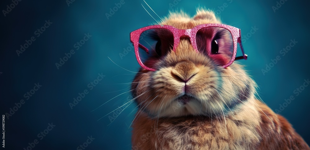 Cute rabbit wearing stylish colorful sunglasses over dark background studio shot with copy space. Generative AI