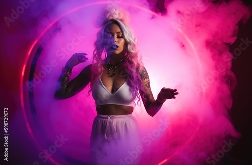 Beautiful woman over colorful neon lighting and smoke as background. Generative AI