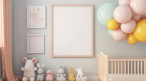 Mockup poster frame close up in nursery, 3d render, Bright color. Generative Ai