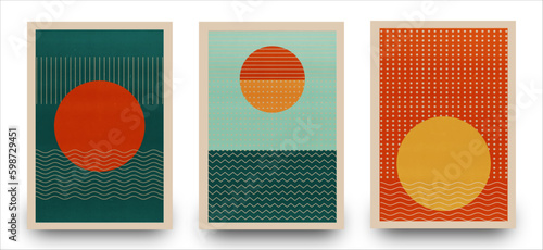 Sunset sunrise in sea. Abstract mid-century modern Scandinavian landscape. Minimal art nature background.