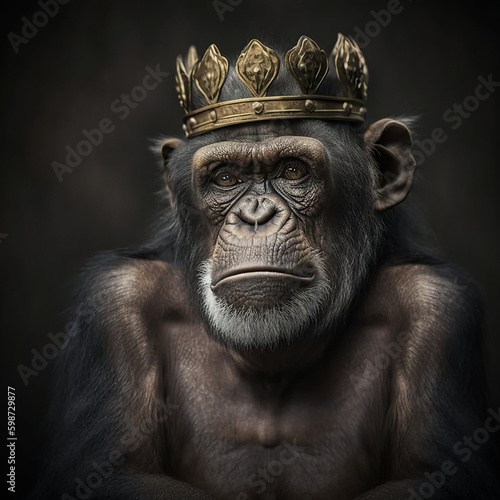 Leinwand Poster Frontales Portrait von einem Schimpansen mit goldener Krone