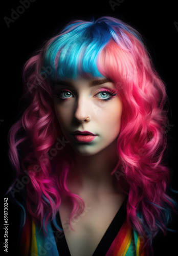 portrait of a woman with colourful dyed hair and rainbow top. Generative AI image.