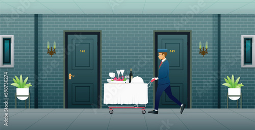 Staff delivering food to customers in hotel rooms.