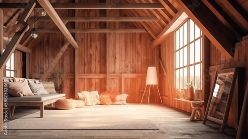 Home mockup, cozy barn interior background, 3d render, Bright color. Generative Ai © hassanmim2021