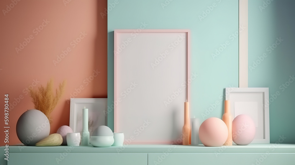 Fototapeta premium Mockup frame in home interior background, room in natural pastel colors. Generative Ai
