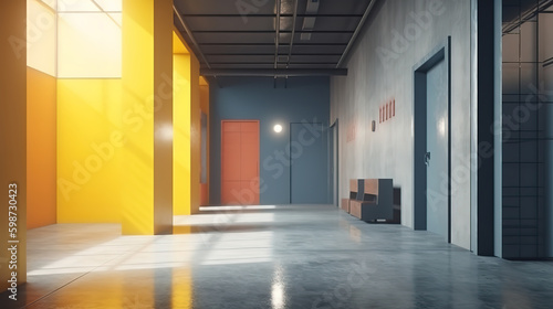 Minimalist industrial interior background, 3d render, Bright color. Generative Ai © hassanmim2021