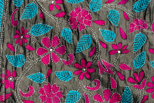 A piece of embroidered cloth. Nakshi kantha stitch. Handicraft of West Bengal, India photo