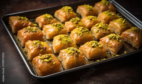 a tray of pastries with pistachio on top. generative ai