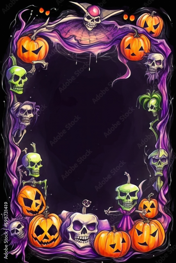 AI generated Halloween frame with pumpkins, skull and ribbons on black background AI generated Halloween frame with pumpkins, skull and ribbons on black background