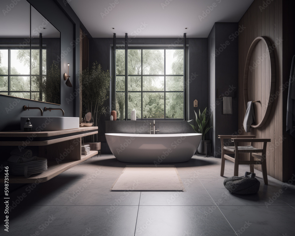 Fototapeta premium Big spacious bathroom in grey color palette. Modern interior with bathtub under the window. Generative AI.