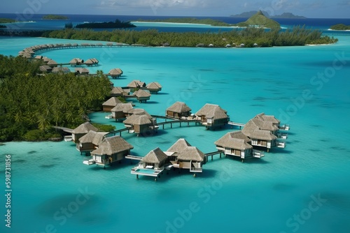 A hotel complex with bungalows on the Bora Bora islands, generative AI.