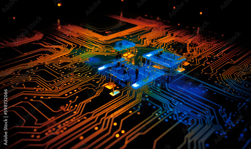 Bright lines on the micro chip board. Technological backdrop concept ...