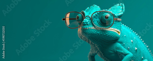 chameleon wearing sunglasses on a solid color background, vector art, digital art, faceted, minimal, abstract, panorama background. Generative AI. 