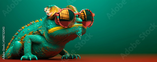 chameleon wearing sunglasses on a solid color background, vector art, digital art, faceted, minimal, abstract, panorama background. Generative AI.
