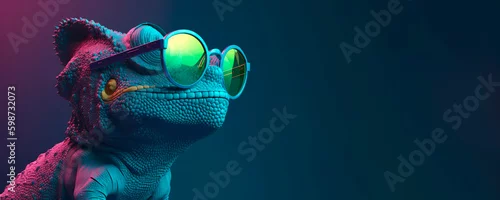 Obraz chameleon wearing sunglasses on a solid color background, vector art, digital art, faceted, minimal, abstract, panorama background. Generative AI.
